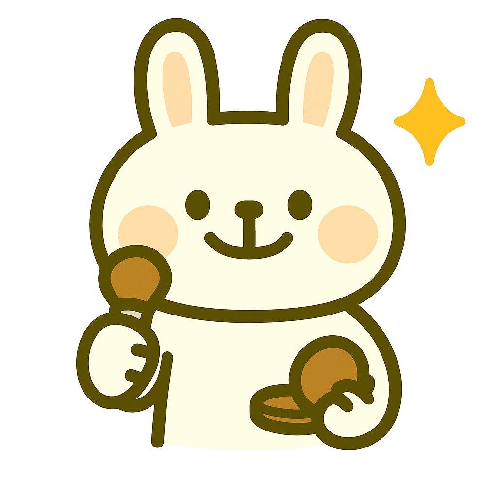 白衣を着たうさぎのキャラクターが、パフで頬にお化粧をしている様子。背景は白。美容やスキンケアを連想させるイラスト。
